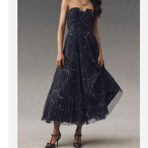 Hutch Corene Strapless Floral Tulle A-Line Midi Dress 14W Navy Pleated